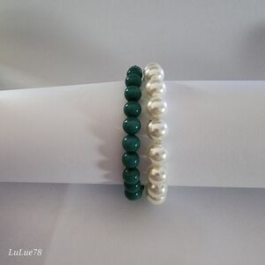 Elegant Green and White Beaded Bracelet Set